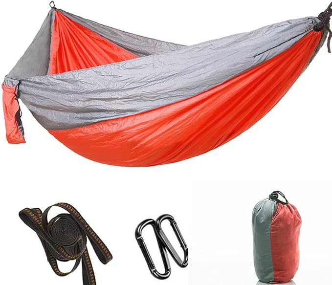 Portable Camping Travel Single Hammock, Lightweight Hanging Bed with Tree Straps and Metal Buckles, Durable Nylon Hammock for Outdoor Backpacking Hiking Beach (with Tree Gray and Orange)