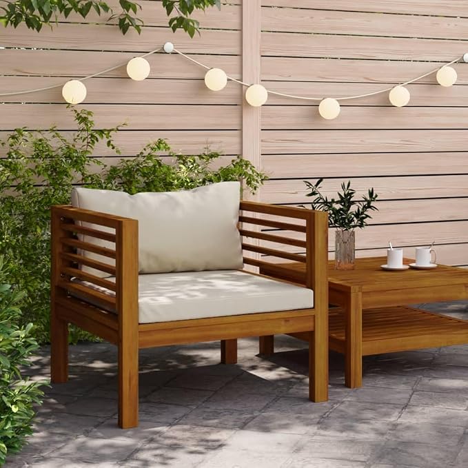 Patio Armchair with Cream White Cushions, Solid Acacia Wood Chair, Wooden Patio Chair Outside Chair Outdoor Dining Chair Patio Club Chair with Armrest for Porch, Deck, Backyard,-433