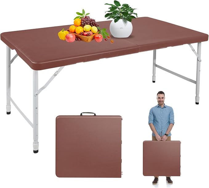Portable 4Ft Folding Table, Heavy Duty Plastic Fold-in-Half Utility Foldable Table, Adjustable Height Plastic Folding Table with Carrying Handle for Camping &Party Indoor/Outdoor (Brown)