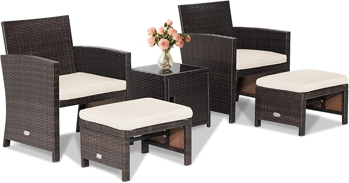 Tangkula 5 Pieces Wicker Patio Furniture Set with Waterproof Cover,Patiojoy Outdoor Cushioned Chairs and Ottoman Set with Single-Door Storage Coffee Table,Space-Saving