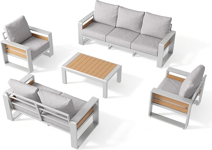 Aoxun Aluminum Patio Furniture Set, 5 Piece Luxury Outdoor Sectional with 6" Olefin Fabric Cushions, Patio Conversation Sets with Coffee Table and Waterproof Cover for Backyard, Porch Grey