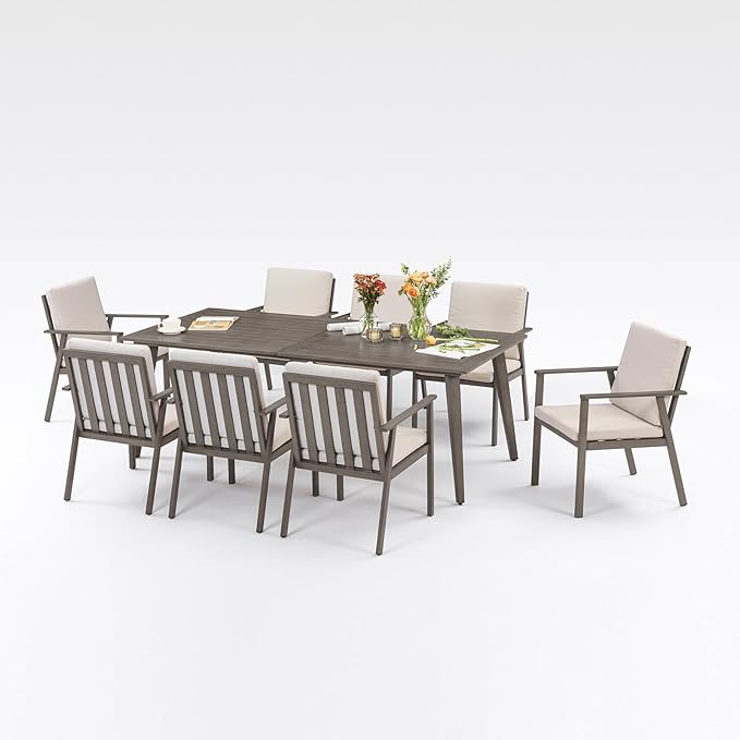 9 Pieces Outdoor Dining Set, Never-Rust Aluminum Patio Furniture Set with Umbrella Hole, All-Weather Outdoor Patio Dining Set for 8, Patio Table and Chair Set for Decks, Pool, Lawn, Limed Oak