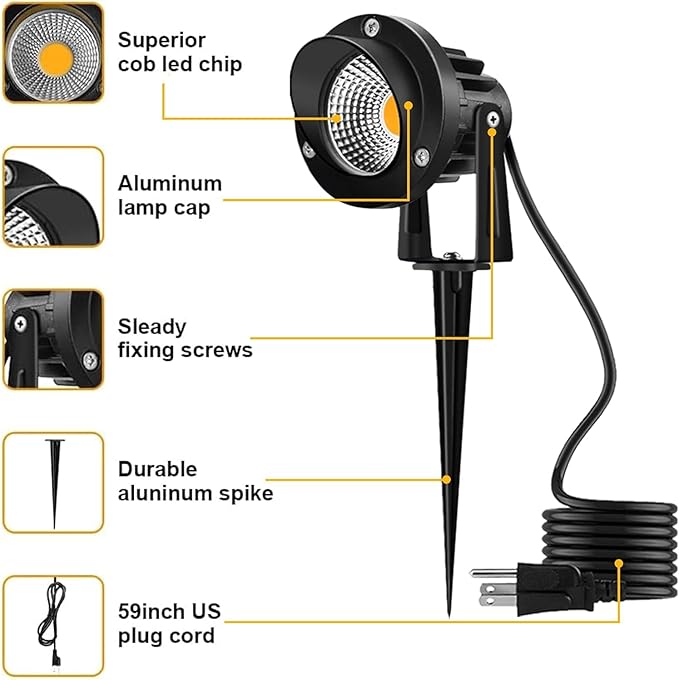 Romwish LED Landscape Spotlights 10W, 120V Plug in Outdoor Spot Lights, 1100LM 3000K Warm White Landscape Lighting, IP65 Waterproof Garden Lights for Yard Tree Pathway Flag - 4 Pack