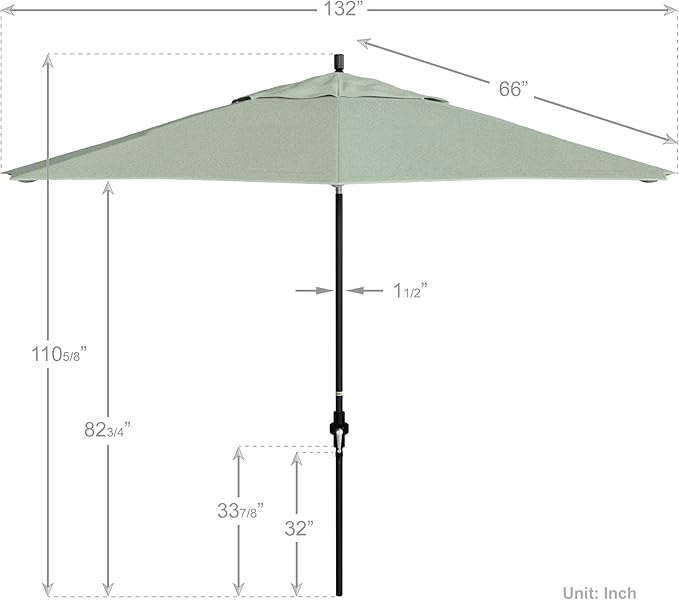 California Umbrella 11Ft Premium Sunbrella Patio Umbrella, Hand-Crank, Tilt-Collar, Black Frame, Spa Fabric