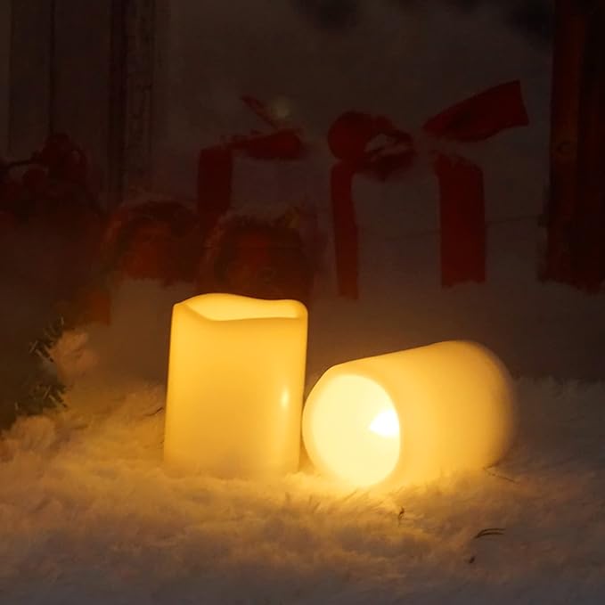 Outdoor Indoor Flameless Pillar Candles, 2 Pack Plastic Resin Battery Operated Electric LED Candle Sets with Cycling 24 Hours Timer Function for Home Party Wedding Decoration, 3"x3"
