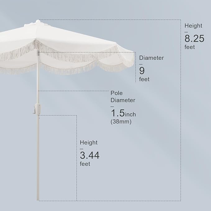 Tempera 9ft Auto Tilt Scalloped Patio Umbrellas with Fringe, Outdoor Table Umbrellas with Fade Resistant Canopy, 8 Sturdy Rids, Luxurious Vintage Umbrellas for Lawn, Pool, Deck, Balcony