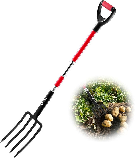 VEVOR Garden Fork, 4-Tine Gardening Pitchfork with Fiberglass Handle, 45 in Heavy Duty Digging Fork with Y Grip, Forged Steel Spading Fork for Hay Potato Composting Transplanting Aeration
