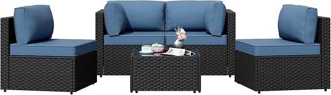 Patio Furniture Sets, 5 Piece Outdoor Sectional Sofas, Wicker Rattan Outdoor Furniture Patio Conversation Set, All-Weather PE Rattan Outdoor Couch for Backyard, Garden, Black & Aegean Blue
