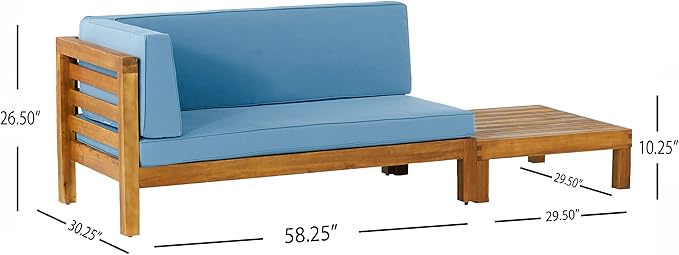 Christopher Knight Home Oana Outdoor Left Arm Loveseat and Coffee Table Set - Acacia Wood - Teak/Blue