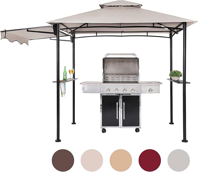 FAB BASED 5x8 Grill Gazebo with Extra Awning, All-Weather Steel Construction, Double Tiered & Resistant Canopy Roof, Metal Serving Shelves, 2 LED, Bottle Opener for Patio, Backyard, BBQ (Light Gray)