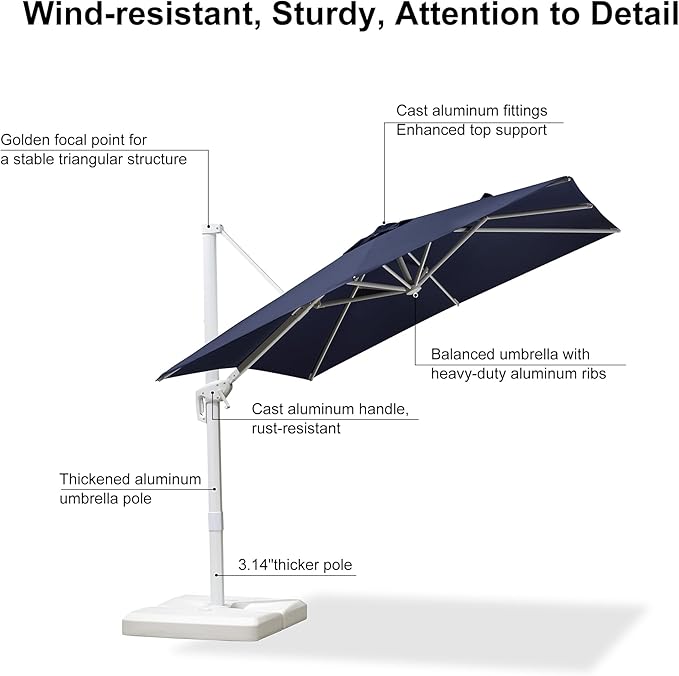 PURPLE LEAF 8 FT Patio Umbrella White Cantilever Umbrella Aluminum Square Outdoor Offset Umbrella Hanging Windproof with 360° Rotation for Garden Deck Pool, Navy Blue