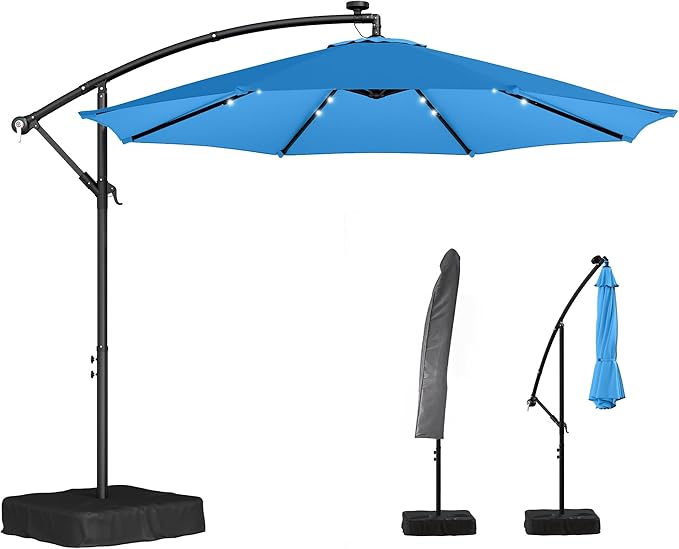 Outsunny 10 ft Cantilever Patio Umbrella with Solar LED Light, Sandbag Weight, Offset Hanging Outdoor Market Umbrella with Protective Cover, Crank and Tilt