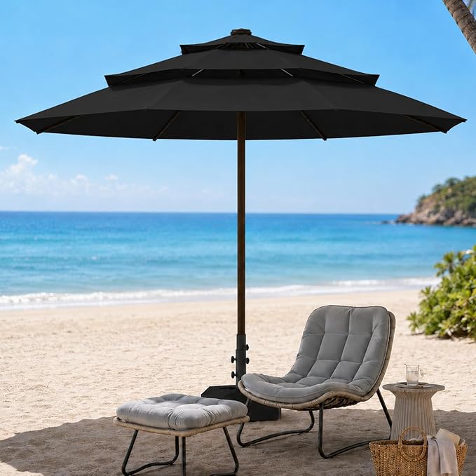 10ft Patio Umbrella, 3-Tier Vented Outdoor Table Umbrella with 8 Sturdy Fiberglass Ribs, Windproof Market Umbrella with Push Button Tilt and Crank, UV Protection for Deck, Pool, Black