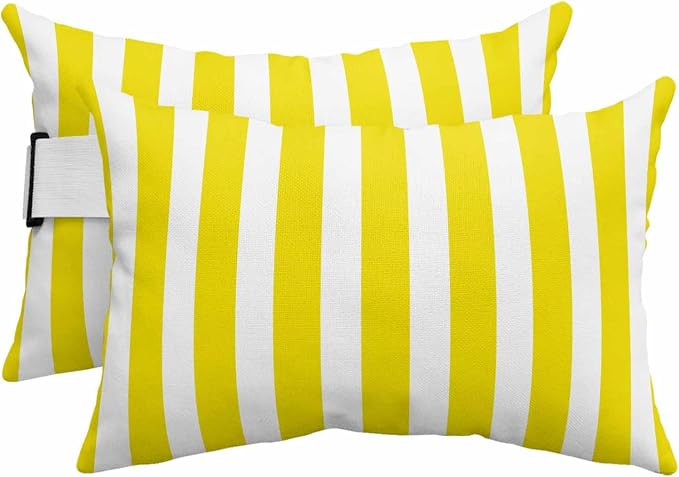 Yellow Striped Outdoor Chaise Lounge Head Pillow with Insert,Modern Farmhouse Yellow White Stripes Waterproof Headrest Lumbar Pillow Cusion Cover with Elastic Strap for Patio Recliner,11"x16" 2PCS