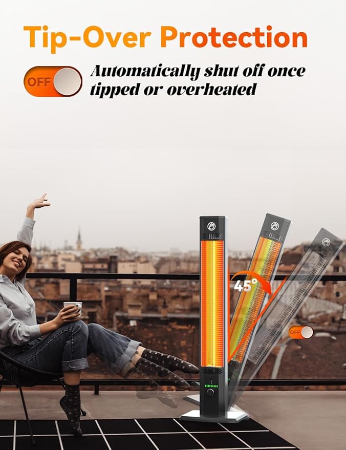 42INCH Outdoor Heater, 9Heat Levels & 540Min Timer, Child Safety Lock, IP65 Waterproof Garage Heater, 1500W Infrared Heating,Tip-Over&Overheat Protection,Patio Heaters for Outdoor Use Indoor