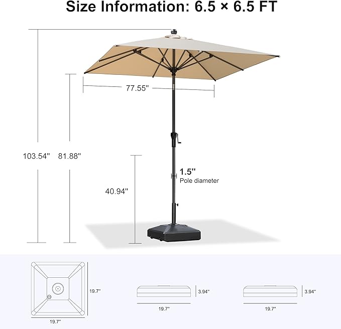 PURPLE LEAF 6.5' x 6.5' Square Patio Market Umbrella with Base Outdoor Table Umbrellas Aluminum Frame Sun Shade with 8 Sturdy Ribs Tilt for Garden Deck Lawn Pool Beige