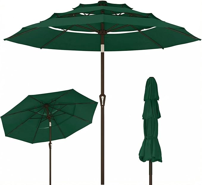 Kingdura 9ft 3-Tier Patio Umbrella, Outdoor Table Umbrella with Easy Crank & Tilt, 8 Reinforced Ribs, UV Protection for Deck, Pool, Market, Backyard (Dark green)