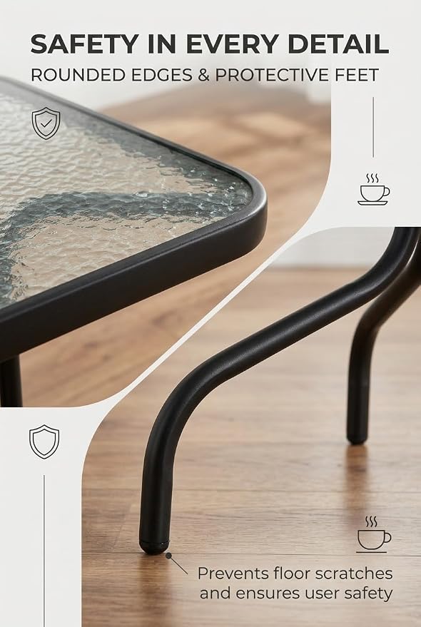 Outdoor Square Glass Patio Table, Tempered Glass Top Bistro Table with Rust-Resistant Metal Frame, Small Coffee Table for Balcony, Garden, Patio