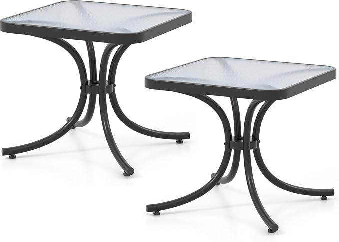 HAPPYGRILL Outdoor Side Table Set of 2, Square Patio End Table with Tempered Glass Top, 20" Bistro Table with Metal Frame, Small Compact Coffee Table for Garden Backyard Poolside