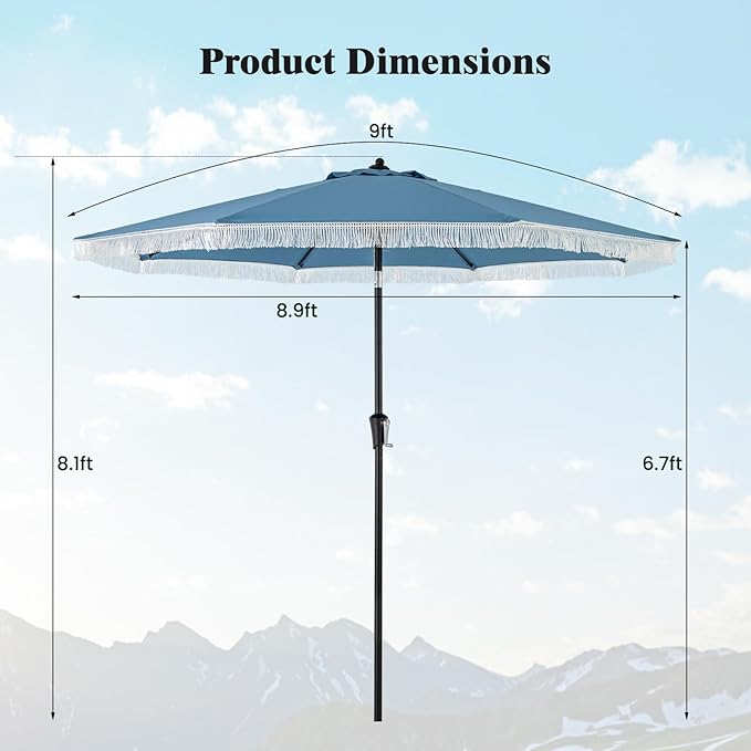 Tangkula 9Ft Patio Umbrella with Fringe, 2-Tier Outdoor Boho Umbrella with Tassels, Crank Handle, Push Button Tilt, Sun-Protective Canopy, 8 Ribs for Deck Backyard Poolside