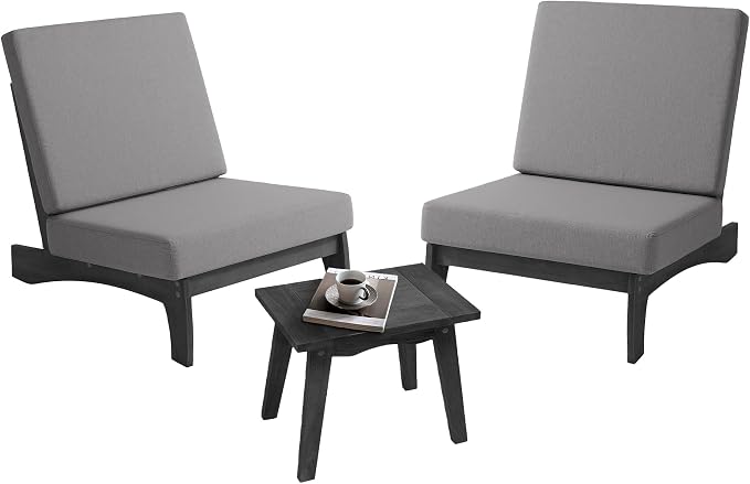 3 Piece Wood Patio Chair Outdoor Bistro Set, All Weather Outdoor Furniture Patio Sofa Chair Backyard Seating Group Conversation Sets with Wooden Side Table, Gray