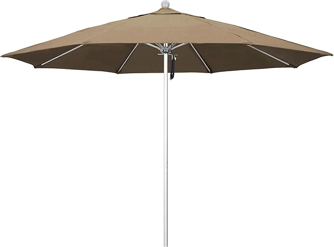 California Umbrella 11Ft Commercial Grade Sunbrella Fabric Market Umbrella, Pulley Lift, Aluminum/Fiberglass, 2mm pole wall, Silver Frame, Heather Beige Fabric