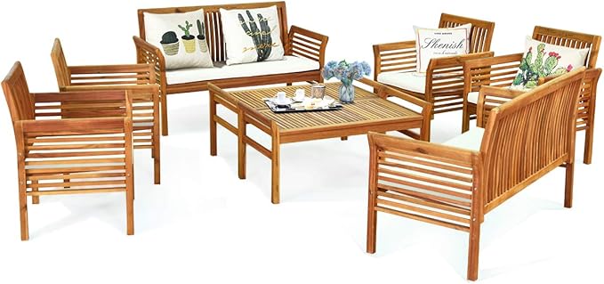 Tangkula 8 Piece Outdoor Acacia Wood Sofa Set w/Water Resistant Cushions, Padded Patio Conversation Table Chair Set w/Coffee Table for Garden, Backyard, Poolside (2)