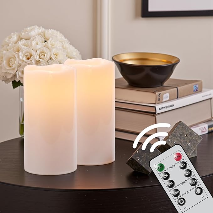 GenSwin Waterproof Outdoor Flameless Candles Battery Operated with Remote Timer, 4" x 8" Large LED Pillar Candles Flickering for Indoor Outdoor Lanterns, Long-Lasting, Waterproof (White, Set of 2)