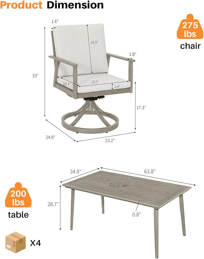 7 Pieces Outdoor Dining Set, Never-Rust Aluminum Patio Swivel Dining Set with Umbrella Hole, 360° Rotation Outdoor Patio Furniture Set, 6 Swivel Chairs and Table for Garden, Pool, Limed Oak