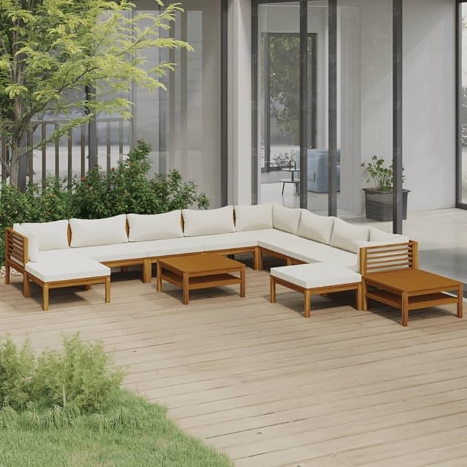 Patio Lounge Set with Cream Cushion,Patio Furniture Sets,Patio Conversation Sets,Outdoor Furniture Sets,for Garden,Backyard,Outdoor,12 Piece Solid Acacia Wood