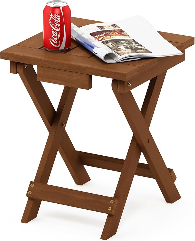 Furinno TIOMAN Folding Outdoor Side Table, Wooden Patio End Table for Garden, Porch, Balcony, Teak Oil, Light Wood