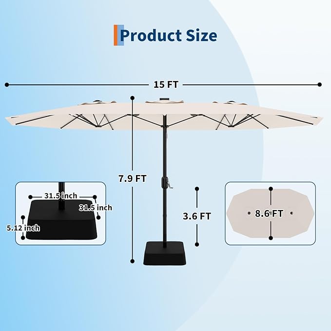 Garvee 15FT Rectangular Patio Umbrella with Base Included - Large Patio Umbrella with Crank Handle, UV Protection for Outdoor Market, Backyard, Pool - Beige