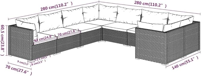 8 Piece Patio Lounge Set with Cushion, Outdoor Patio Sectional Furniture Conversation Sets Patio Lounge Set Piece Patio Set s Poly Rattan Brown