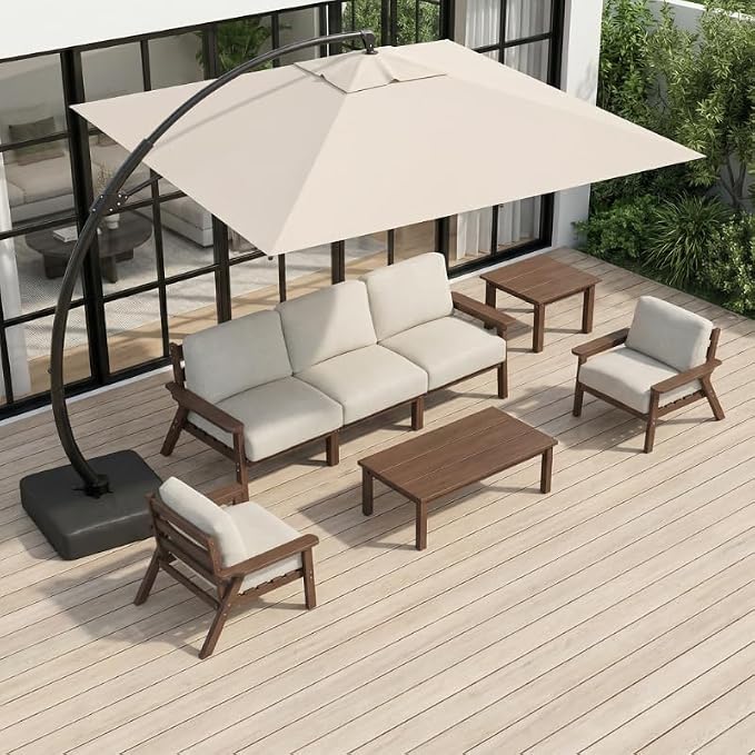 HDPE Patio Furniture Set 5 Seats with Cantilever Umbrella, Outdoor Couch with Washable Thick Beige Cushions & Tables, Outdoor Sectional Furniture for Deck, Lawn, Porch (Brown Frame)