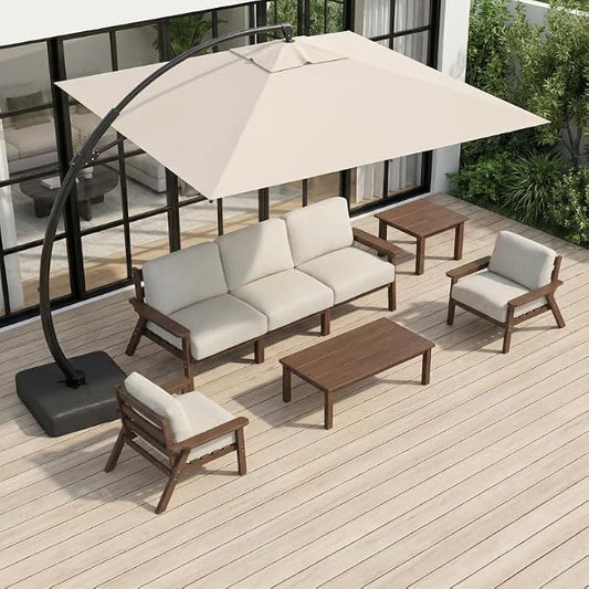 HDPE Patio Furniture Set 5 Seats with Cantilever Umbrella, Outdoor Couch with Washable Thick Beige Cushions & Tables, Outdoor Sectional Furniture for Deck, Lawn, Porch (Brown Frame)