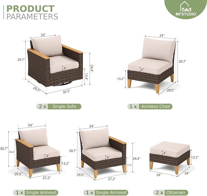 MFSTUDIO 7 Piece Wicker Patio Furniture Set, 2 x Swivel Chair, 2 x Ottoman, 3-Seat Sofa, All-Weather Outdoor PE Rattan Patio Conversation Set for Garden, Backyard(Beige Cushions)