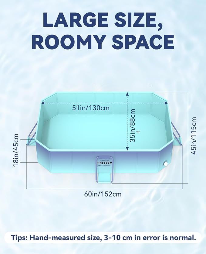 HeySplash Foldable Pool, Non-Inflatable Swimming Pool with Rigid Puncture-Proof Hard Composite Board, Kiddie Pool Outdoor Pool, Adults & Kids Pool for Backyard Garden Dog Pool 59"×45"×17", Ice Blue