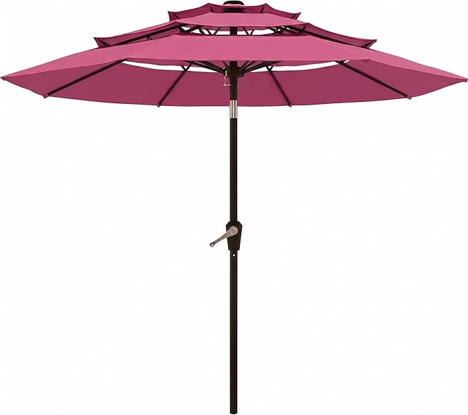 10FT Patio Umbrella 3 Tiers Outdoor Market Umbrella w/Push Button Tilt, Crank, UV and Waterproof Table Umbrella for Garden, Pool, Backyard, Deck, Lawn, Rose Pink