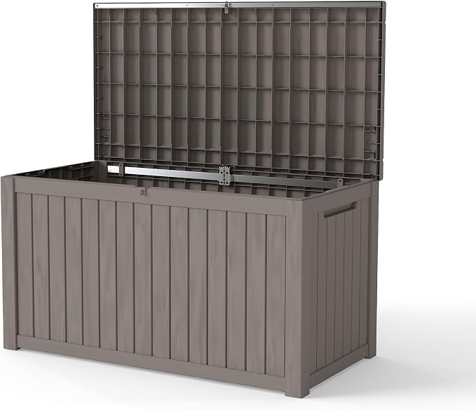 LAUSAINT HOME 200 Gallon Resin Deck Box with Hydraulic Pistons, XXL Waterproof Outdoor Storage Bench for Large Cushions, Lockable Patio Bin for Pool and Garden (Light Brown)
