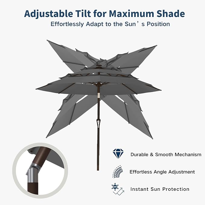 10FT Patio Umbrella 3 Tiers Outdoor Market Umbrella w/Push Button Tilt, Crank, UV and Waterproof Table Umbrella for Garden, Pool, Backyard, Deck, Lawn, Grey