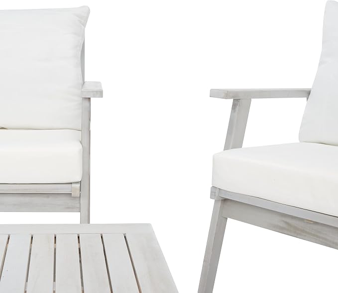SAFAVIEH Outdoor Collection Castalia Grey Acacia Wood/Beige Cushion 4-Piece Conversation Patio Set