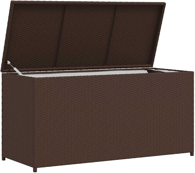 Patio Storage Box Brown Poly Rattan Weather Resistant Resin Wicker Chest Outdoor Deck Cushion Container with Lid 47.2"x19.7"x23.6" for Garden Backyard Porch Seat