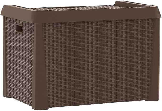 Patio Storage Box Brown 33 Gallon Resin Wicker Outdoor Bench Container with Lockable Lid for Garden Backyard Deck Porch Cushions Blankets and Pool Toys