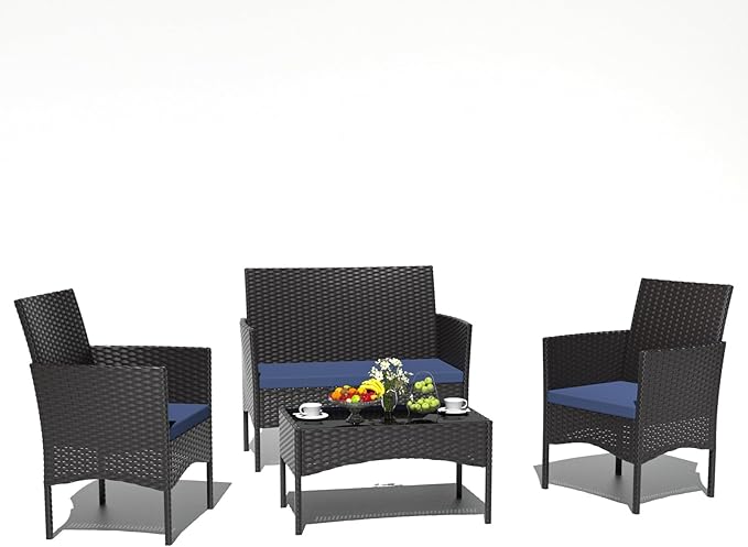 4 Piece Patio Rattan Conversation Set, Outdoor Rattan Chair Wicker Furniture Set, Couple Seats and Tempered Glass Table,Comfort Seat for Patio, Pool or Backyard