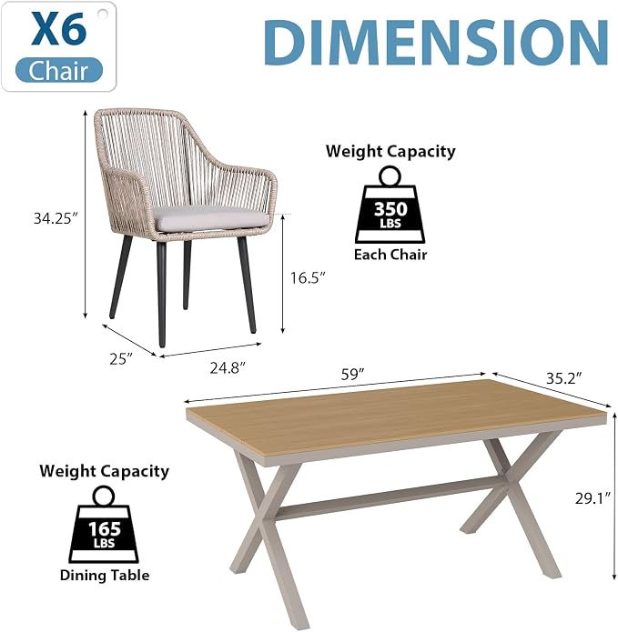 JOIVI 7 Piece Patio Dining Set for 6, All-Weather Outdoor Dining Furniture with Hand-Woven PE Rattan Chairs and Rectangular Dining Table, Outdoor Table and Chairs Set for Backyard, Porch, Tan