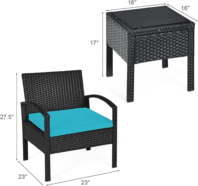 Tangkula 3 Piece Patio Conversation Set, Outdoor Rattan Sofa Set with Seat Cushions & Coffee Table, Patio Wicker Furniture Set for Garden Balcony Backyard Poolside (Turquoise)