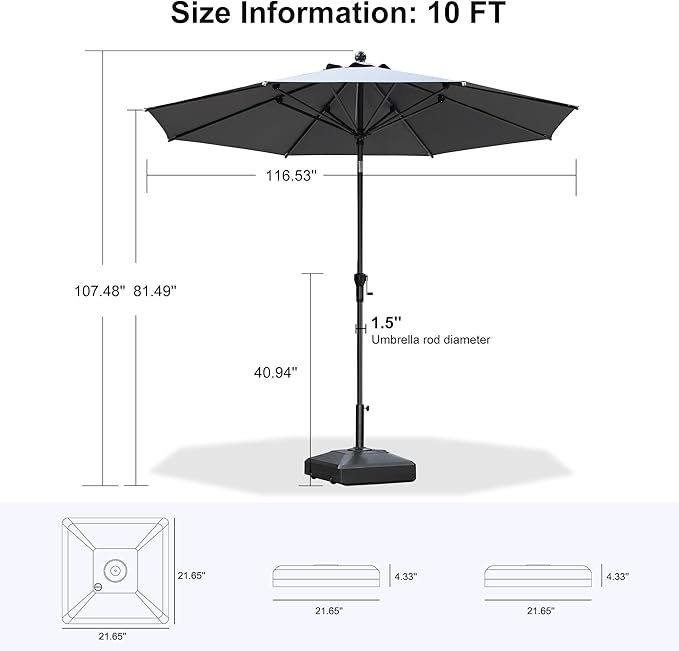 PURPLE LEAF 10' Round Patio Market Umbrella with Base Outdoor Table Umbrellas Aluminum Frame Sun Shade with 8 Sturdy Ribs Tilt for Garden Deck Lawn Pool Light Gray