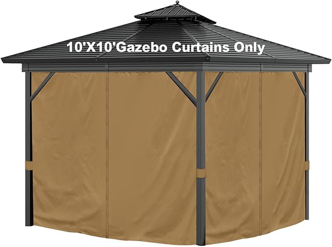 10'x10' Privacy Gazebo Curtains Outdoor Waterproof, 4-Panels Sidewall Curtains Universal Replacement with Zipper for Patio, Backyard, Garden (Only Curtains, Khaki)