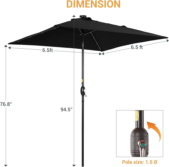 Square Patio Umbrella With Solar Lights, 6.5x6.5ft Square Umbrella Outdoor Patio with Tilt and Crank for Pool, Deck, Garden,Backyard