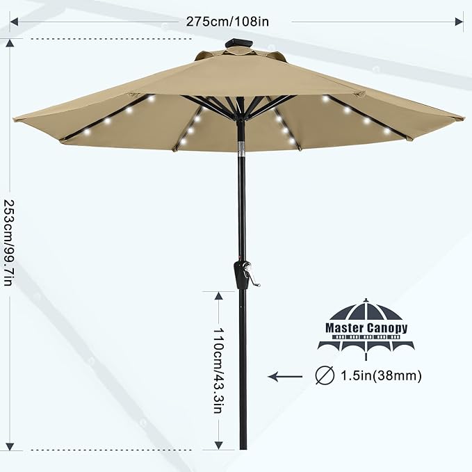 MASTERCANOPY 9FT 8Ribs Patio Umbrella with 32 Solar LED Lights, Outdoor Market Umbrella with Tilt & Crank, UV Protection & Fade Resistant Fabric, Easy Set-Up for Garden, Deck, Pool (Khaki)